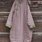 Women Vintage Stripe Warm Button 100%Linen Robe Coat