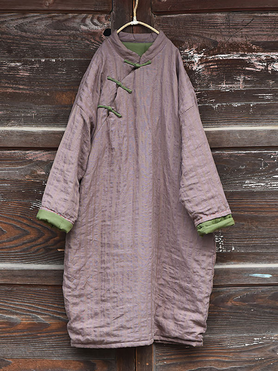 Women Vintage Stripe Warm Button 100%Linen Robe Coat