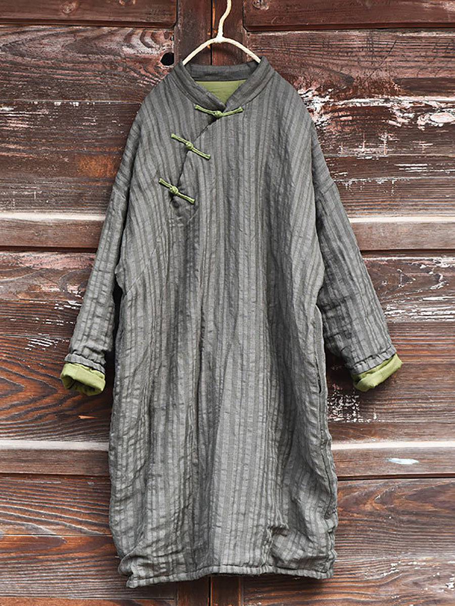 Women Vintage Stripe Warm Button 100%Linen Robe Coat