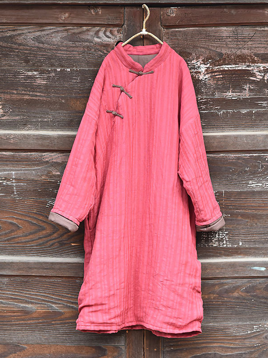 Women Vintage Stripe Warm Button 100%Linen Robe Coat