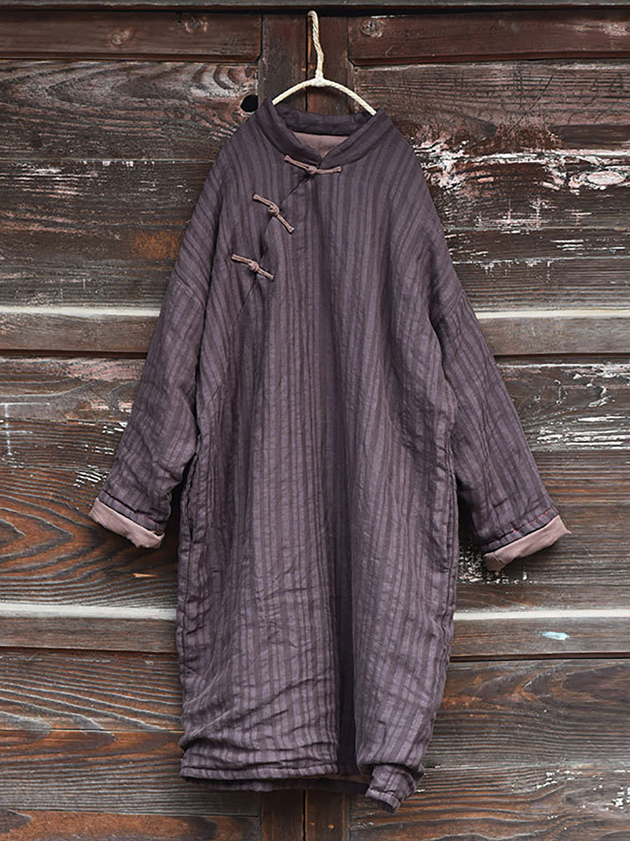 Women Vintage Stripe Warm Button 100%Linen Robe Coat