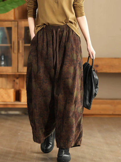 Women Autumn Vintage Flower Strap Corduroy Harem Pants