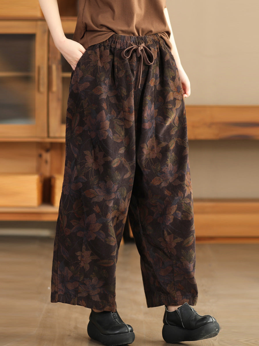 Women Autumn Vintage Flower Strap Corduroy Harem Pants