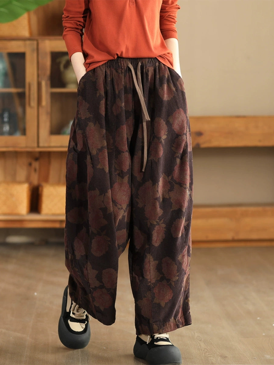 Women Autumn Vintage Flower Strap Corduroy Harem Pants