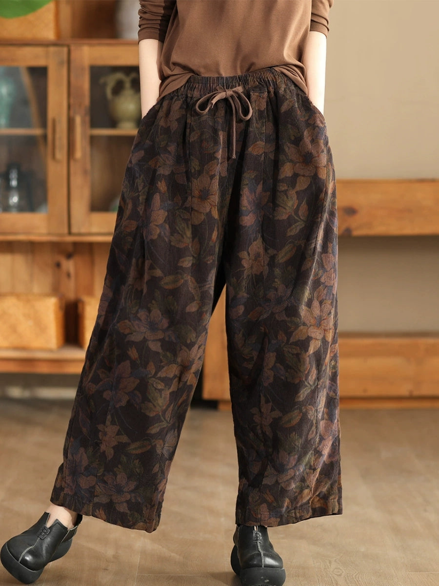 Women Autumn Vintage Flower Strap Corduroy Harem Pants