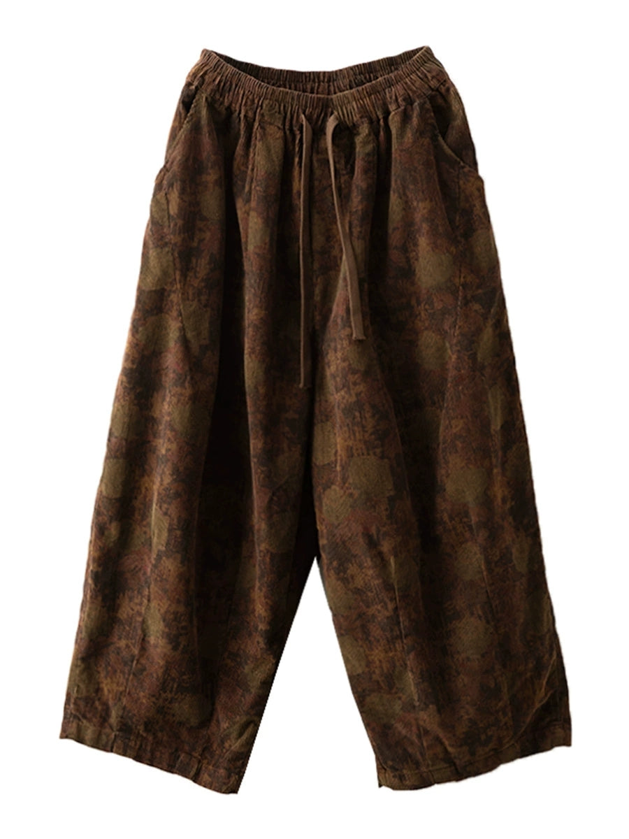 Women Autumn Vintage Flower Strap Corduroy Harem Pants