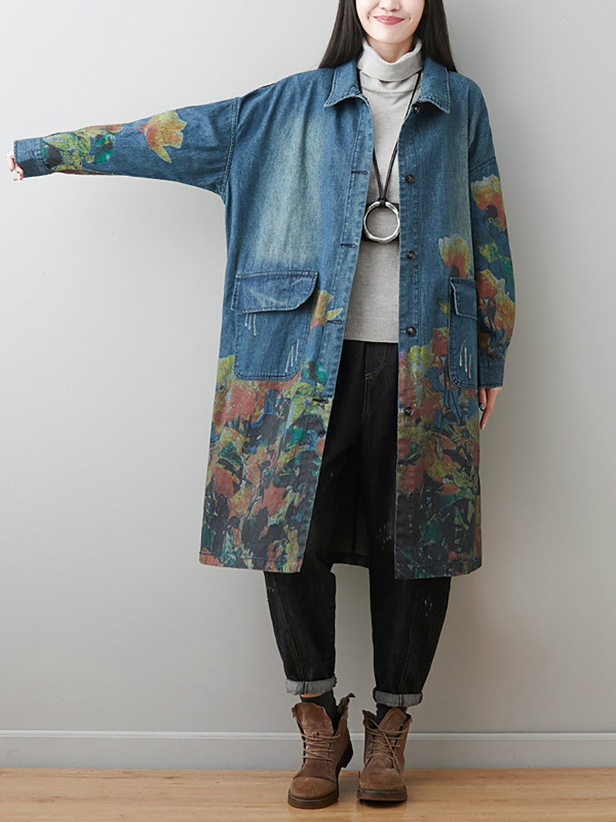 Women Autumn Artsy Flower Turn-down Collar Denim Coat