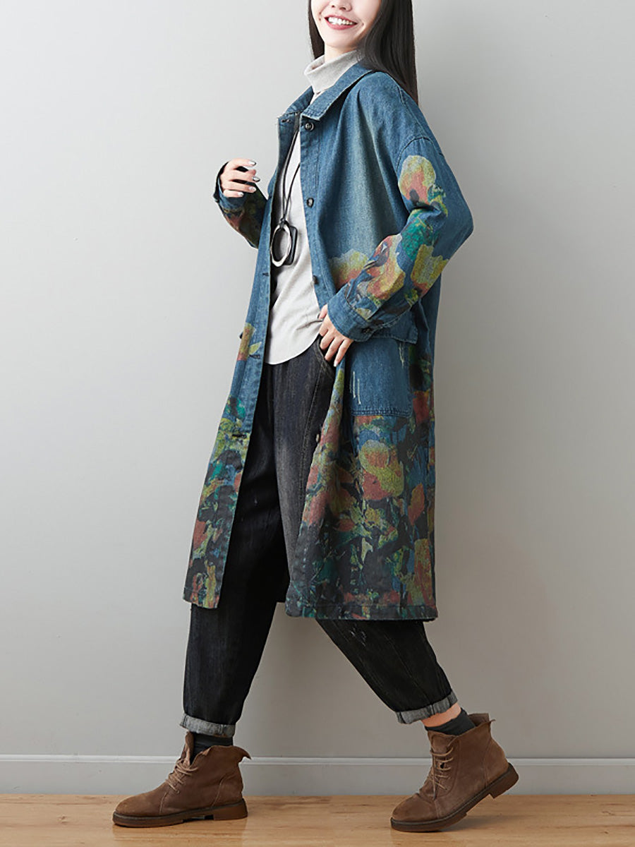 Women Autumn Artsy Flower Turn-down Collar Denim Coat