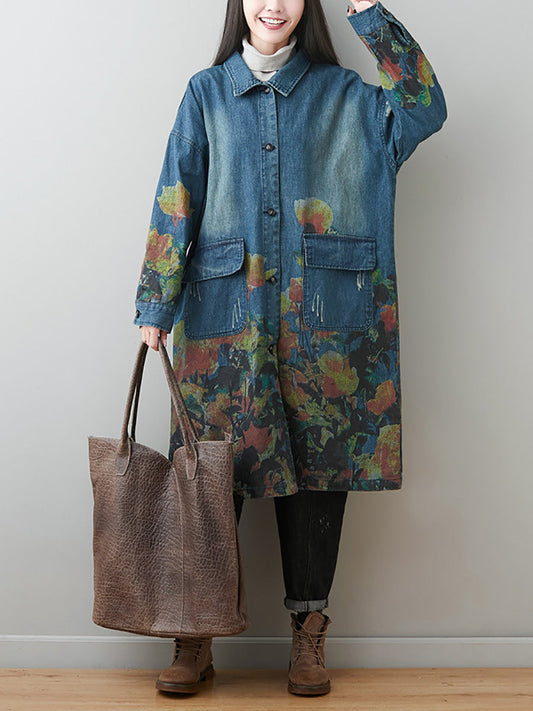 Women Autumn Artsy Flower Turn-down Collar Denim Coat