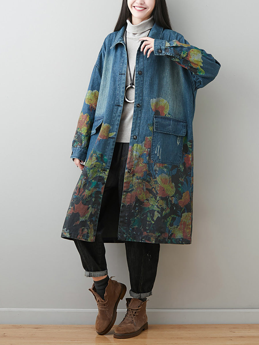 Women Autumn Artsy Flower Turn-down Collar Denim Coat