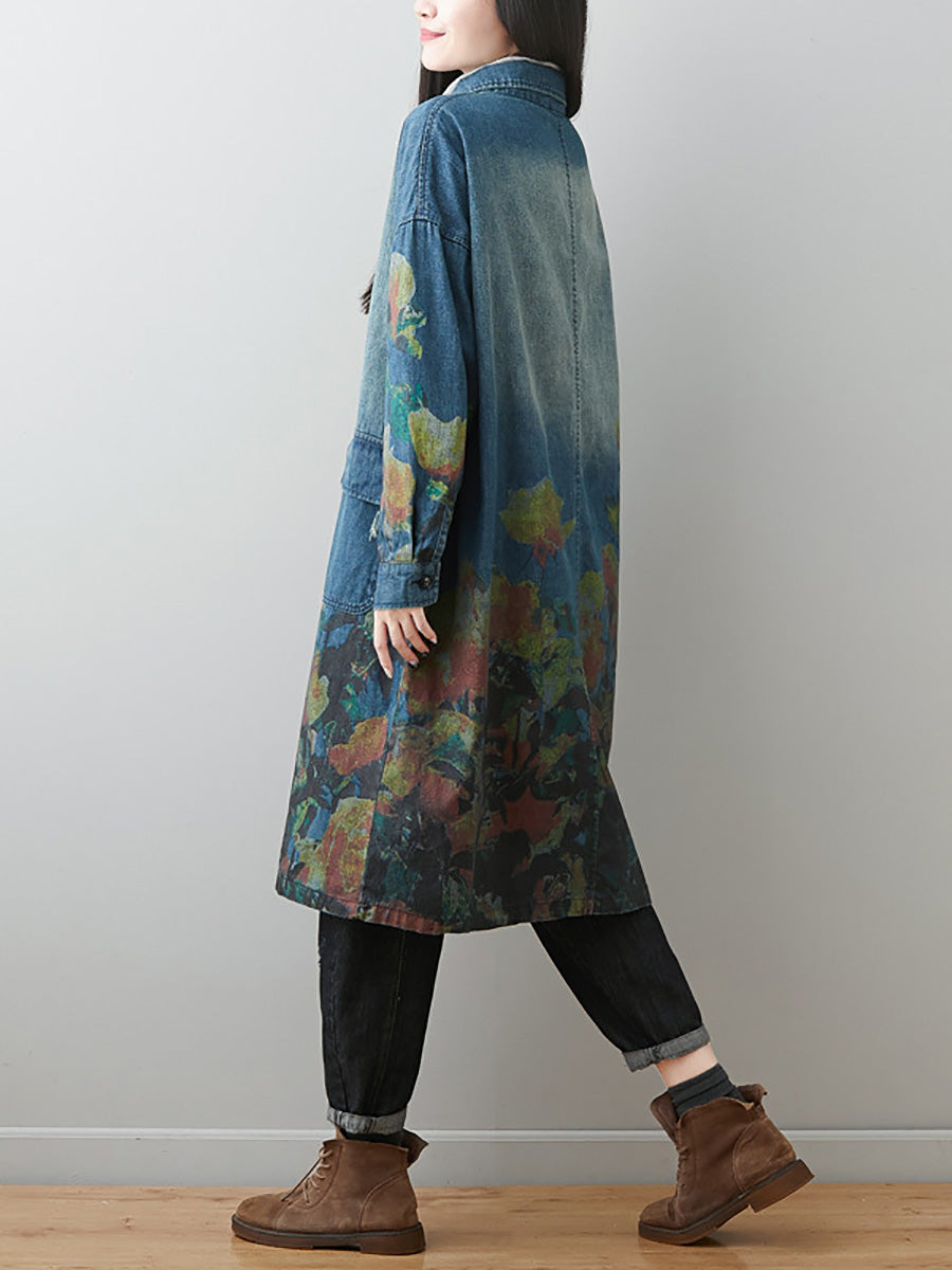 Women Autumn Artsy Flower Turn-down Collar Denim Coat