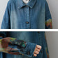 Women Autumn Artsy Flower Turn-down Collar Denim Coat