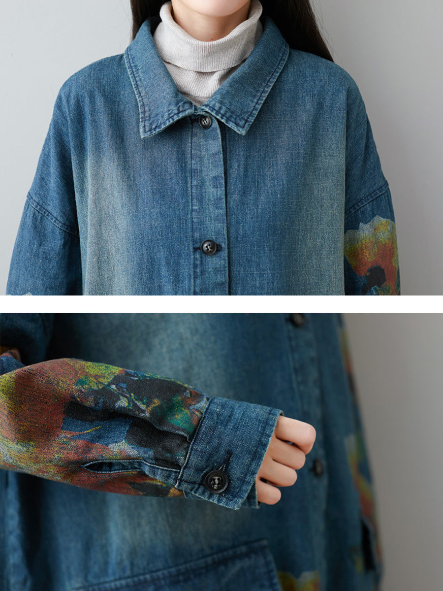 Women Autumn Artsy Flower Turn-down Collar Denim Coat