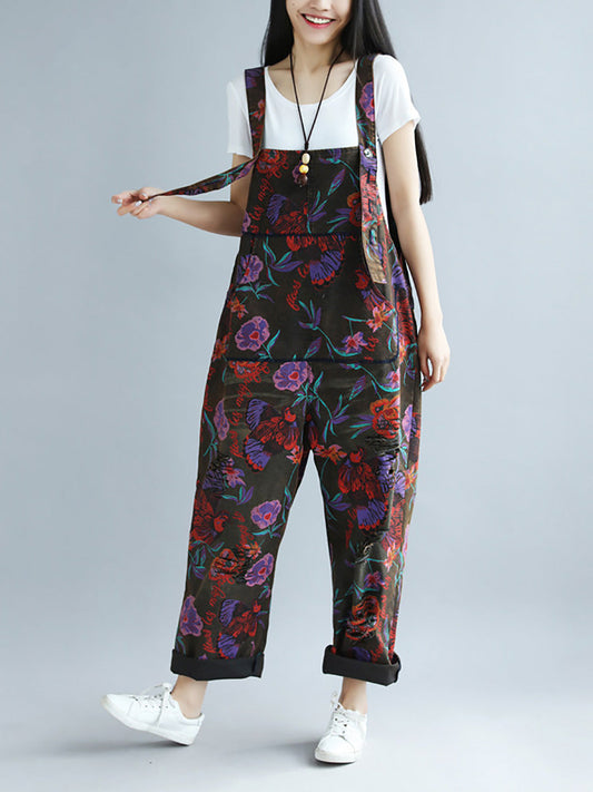 Women Summer Artsy Flower Pocket Loose Jumpsuits