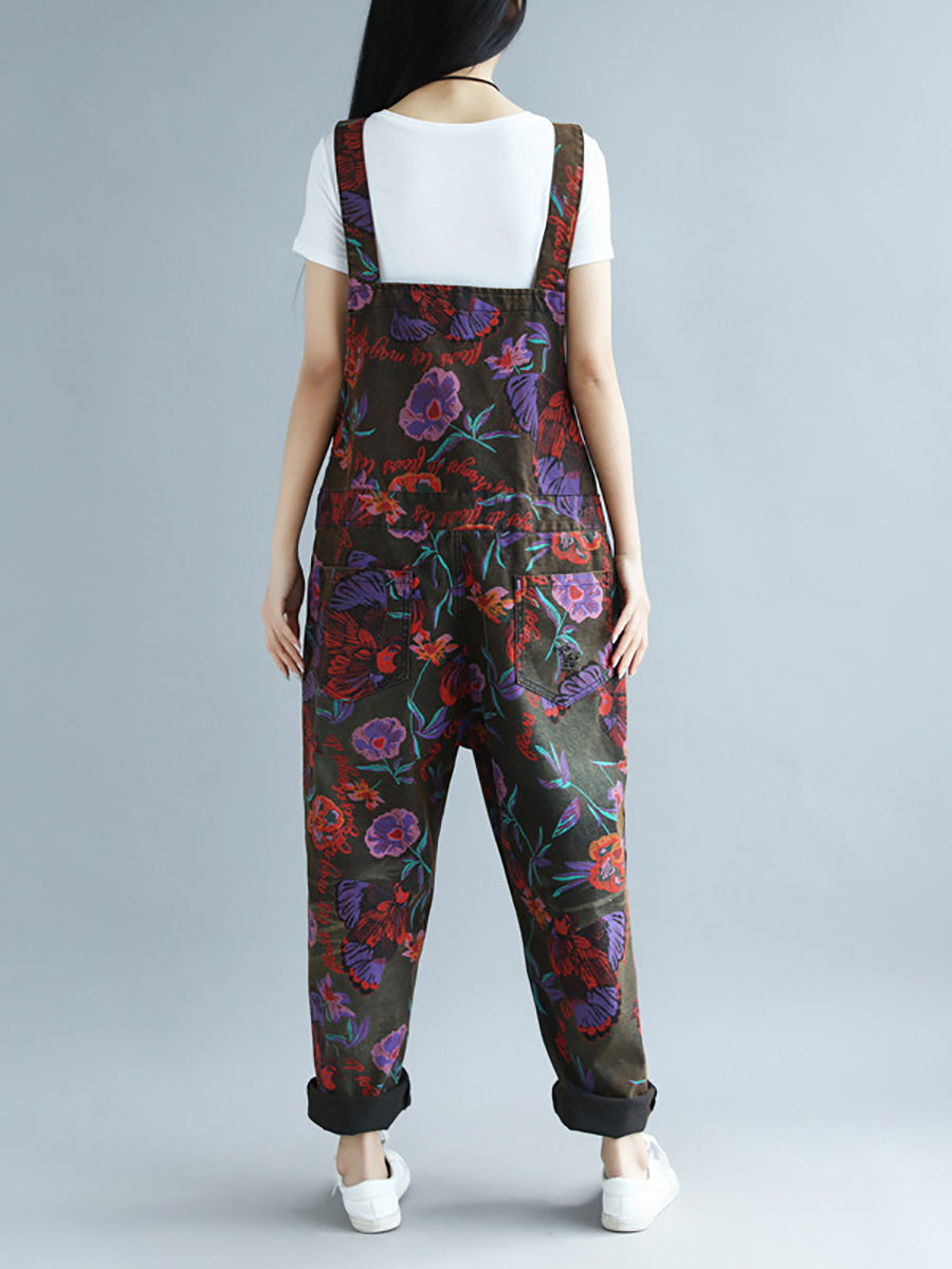 Women Summer Artsy Flower Pocket Loose Jumpsuits