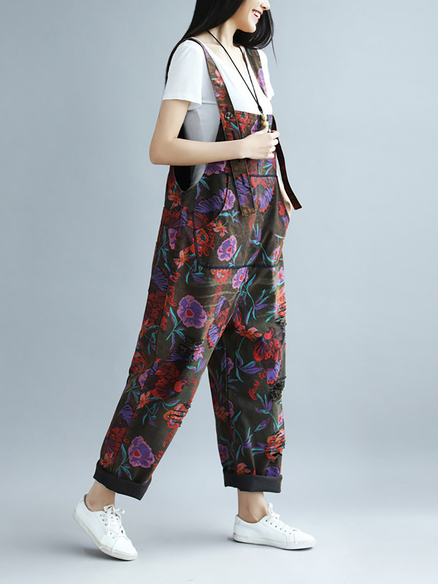 Women Summer Artsy Flower Pocket Loose Jumpsuits