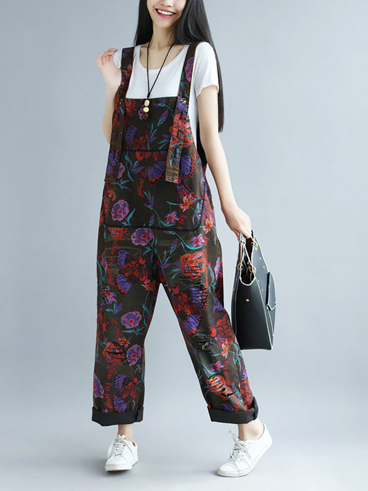 Women Summer Artsy Flower Pocket Loose Jumpsuits