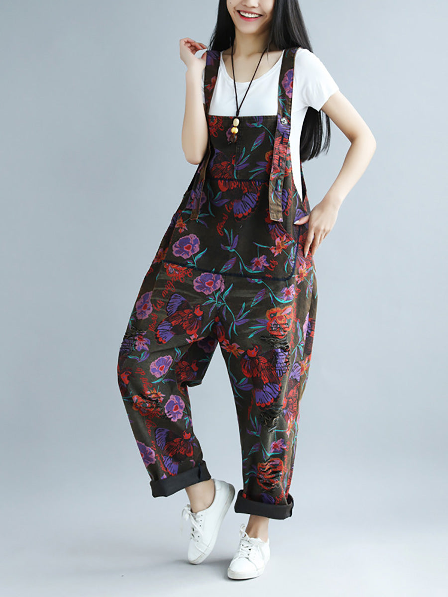 Women Summer Artsy Flower Pocket Loose Jumpsuits