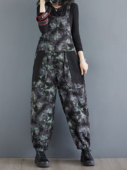 Women Autumn Vintage Flower Colorblock Denim Jumpsuits