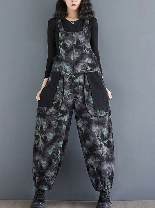 Women Autumn Vintage Flower Colorblock Denim Jumpsuits