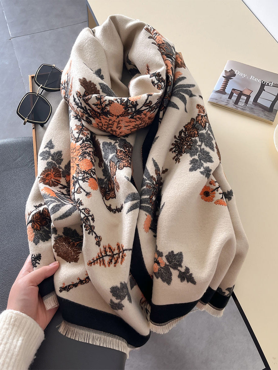 Women Winter Artsy Floral Jacquard Tassel Warm Shawl Scarf