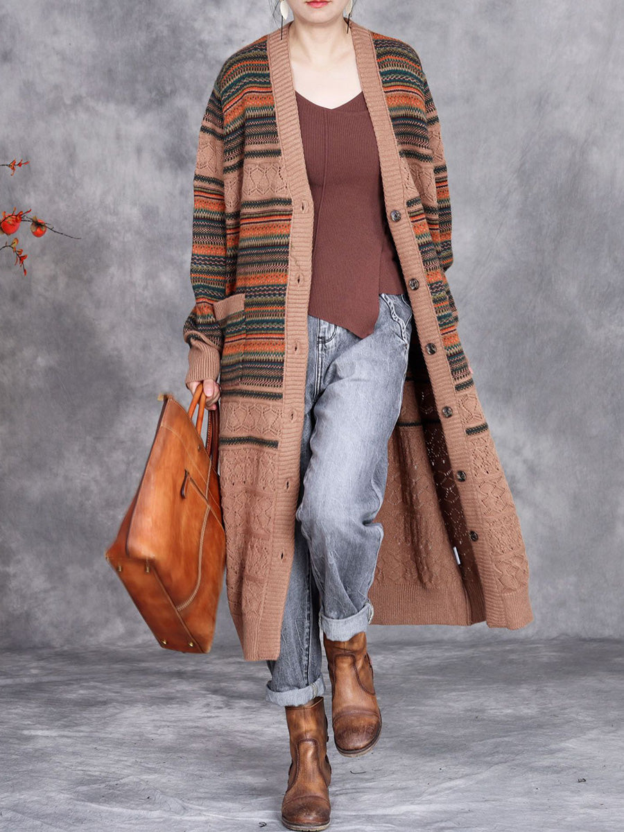 Women Autumn Colorful Stripe Knitted Cardigan Coat