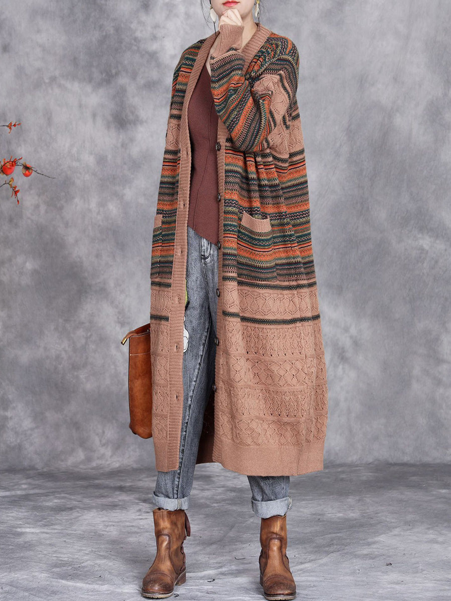 Women Autumn Colorful Stripe Knitted Cardigan Coat