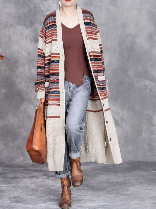 Women Autumn Colorful Stripe Knitted Cardigan Coat