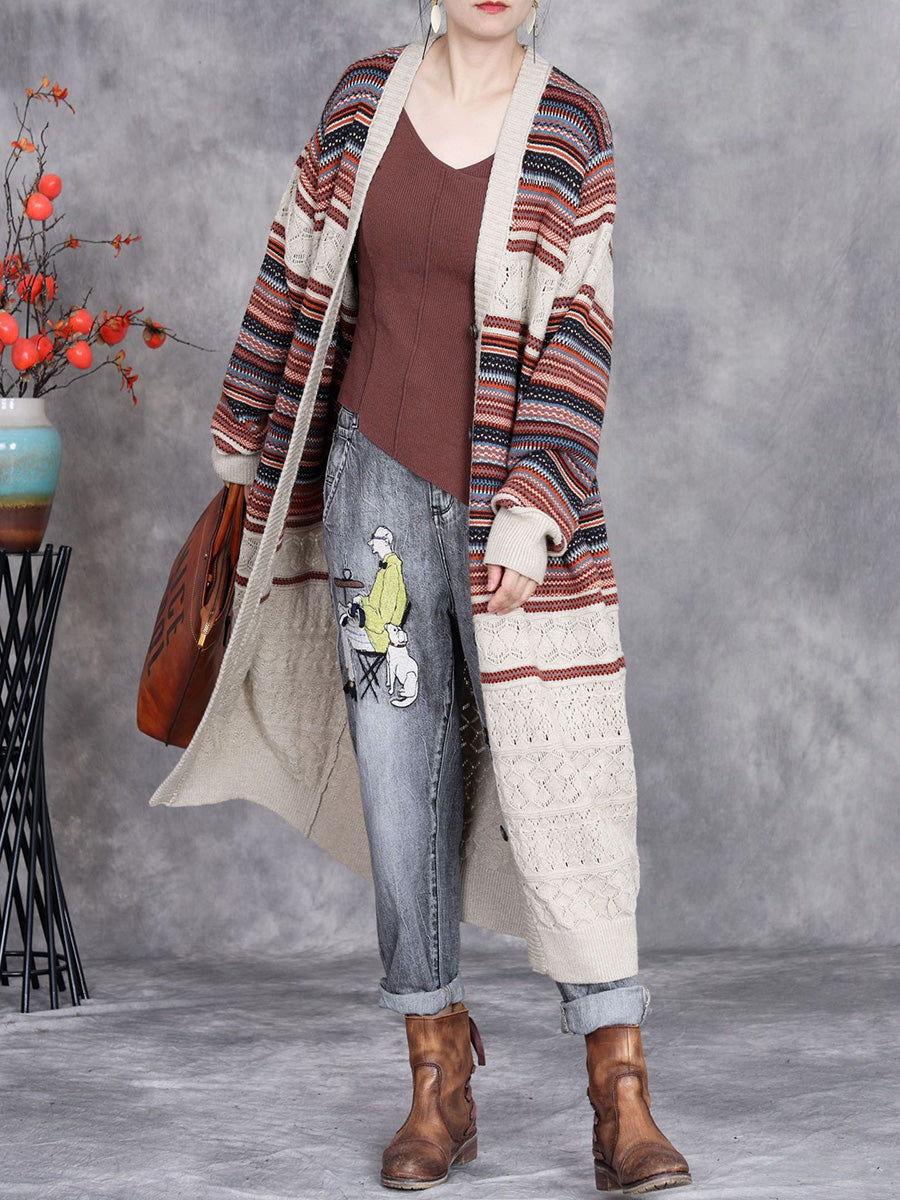 Women Autumn Colorful Stripe Knitted Cardigan Coat