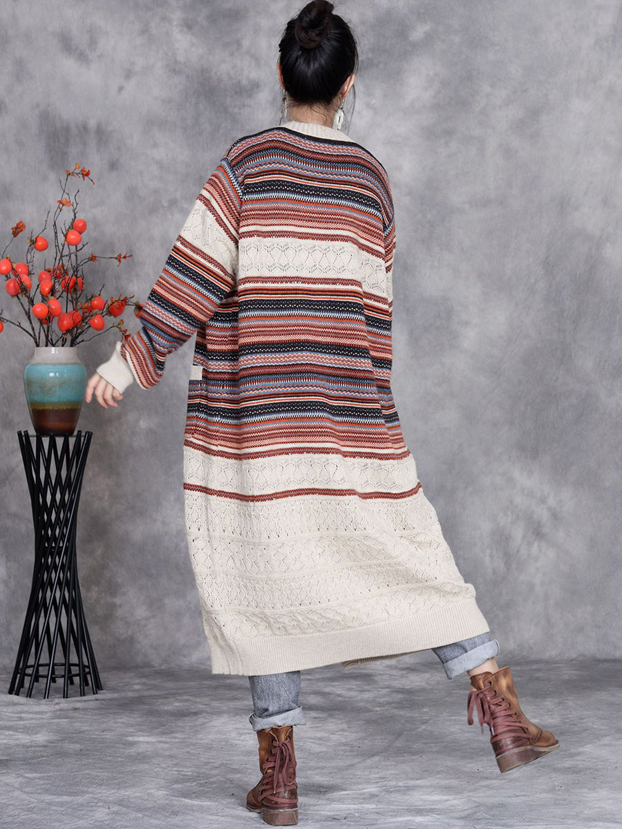 Women Autumn Colorful Stripe Knitted Cardigan Coat