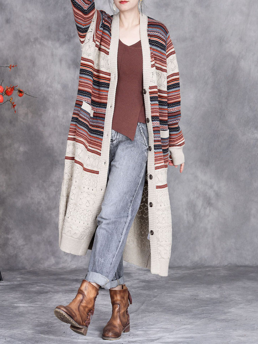 Women Autumn Colorful Stripe Knitted Cardigan Coat