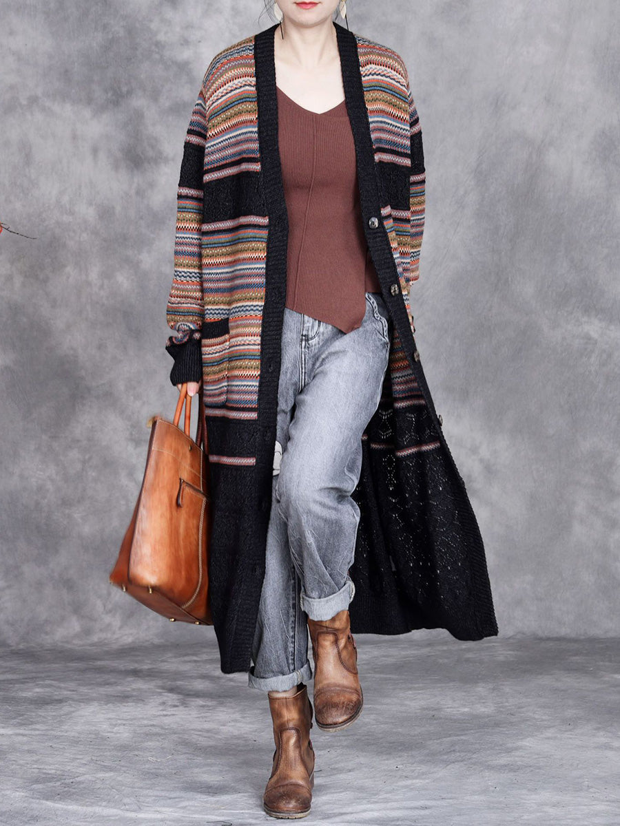 Women Autumn Colorful Stripe Knitted Cardigan Coat