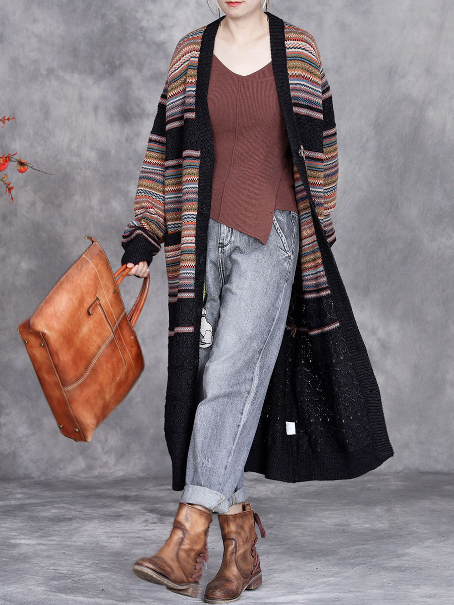 Women Autumn Colorful Stripe Knitted Cardigan Coat