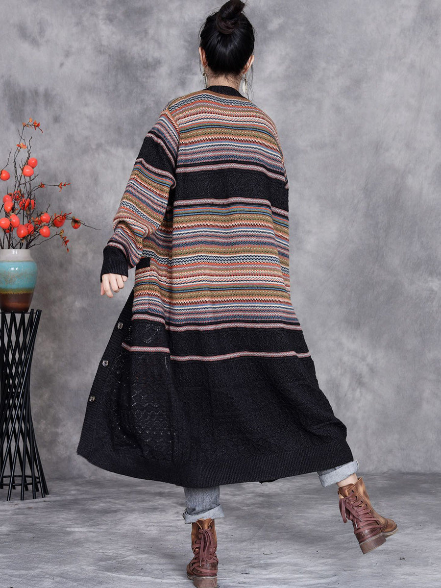 Women Autumn Colorful Stripe Knitted Cardigan Coat