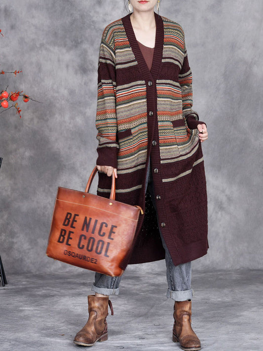 Women Autumn Colorful Stripe Knitted Cardigan Coat