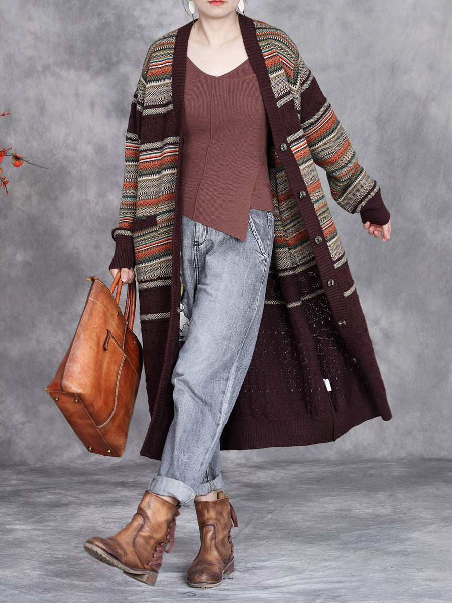 Women Autumn Colorful Stripe Knitted Cardigan Coat