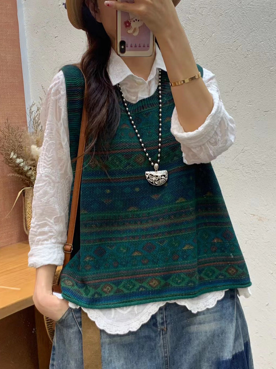 Women Autumn Artsy Colorblock Knit O-Neck Vest