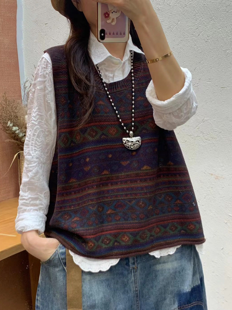 Women Autumn Artsy Colorblock Knit O-Neck Vest