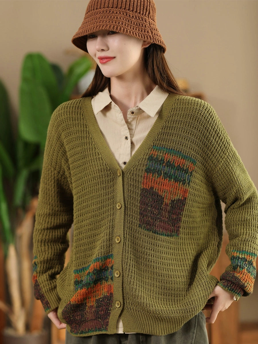 Women Vintage Artsy Print Knit V-Neck Cardigan Sweater