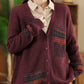 Women Vintage Artsy Print Knit V-Neck Cardigan Sweater