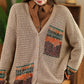 Women Vintage Artsy Print Knit V-Neck Cardigan Sweater