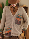 Women Vintage Artsy Print Knit V-Neck Cardigan Sweater