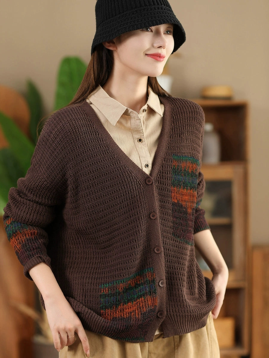 Women Vintage Artsy Print Knit V-Neck Cardigan Sweater