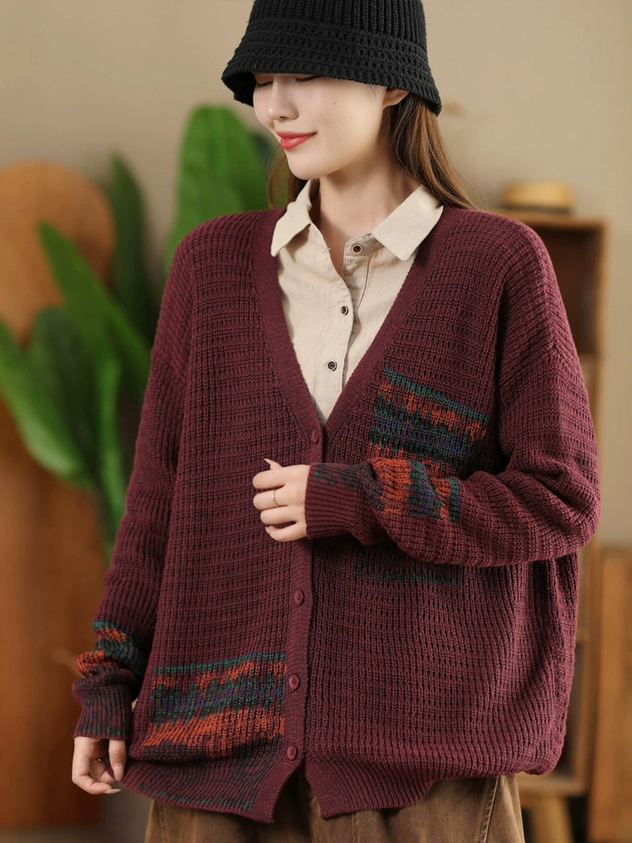 Women Vintage Artsy Print Knit V-Neck Cardigan Sweater