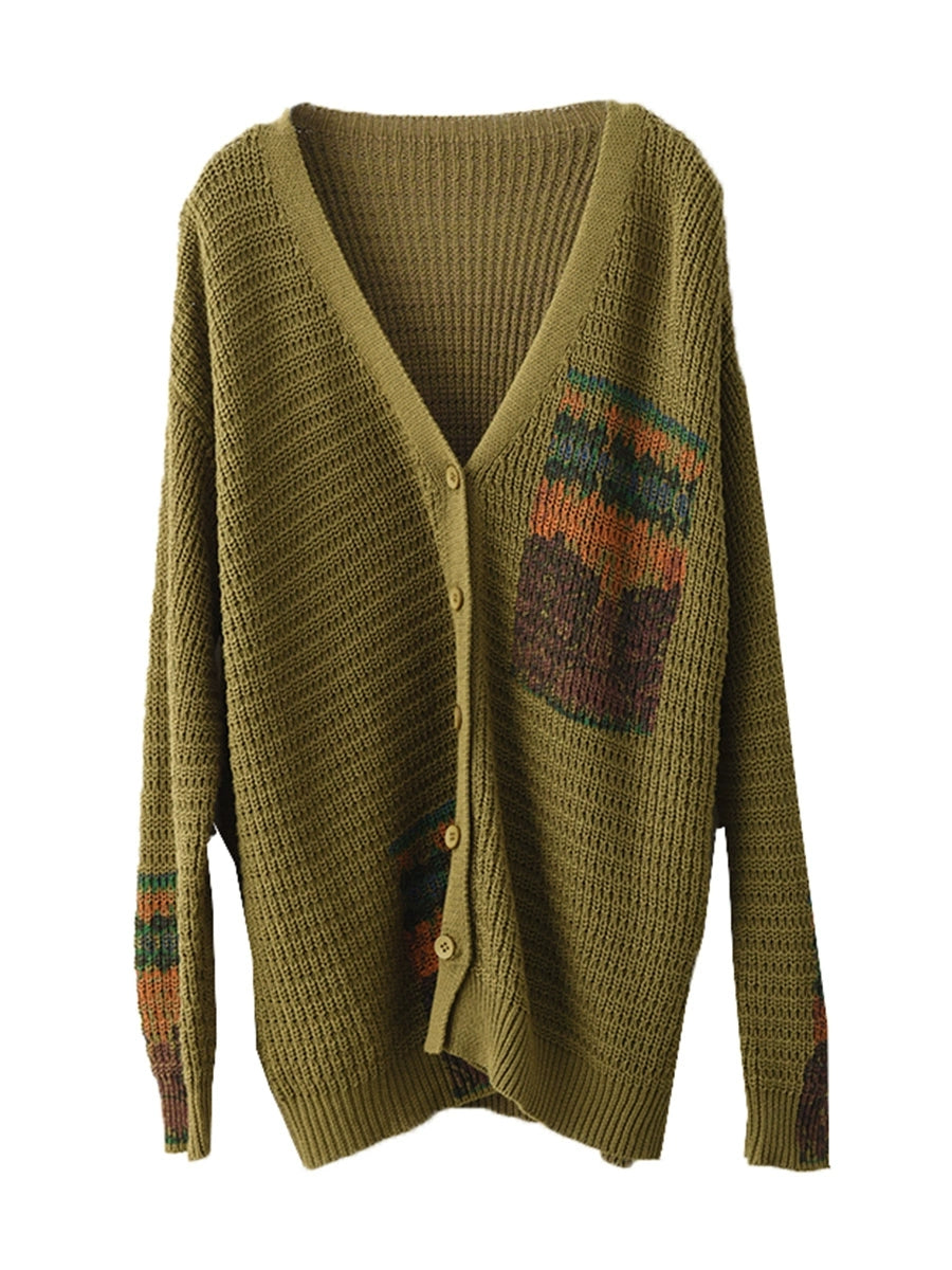 Women Vintage Artsy Print Knit V-Neck Cardigan Sweater