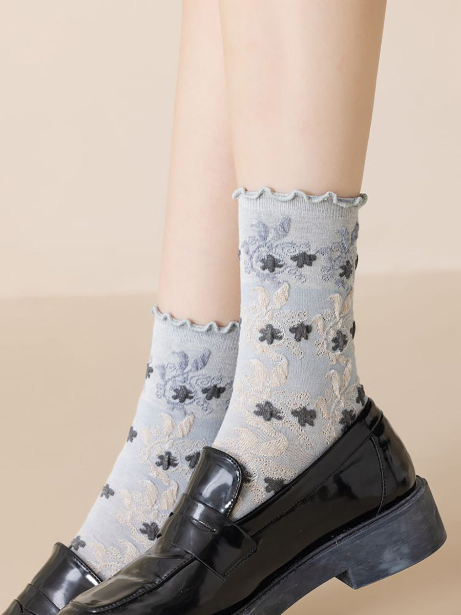 3 Pairs Women Autumn Flower Jacquard Colorblock Socks