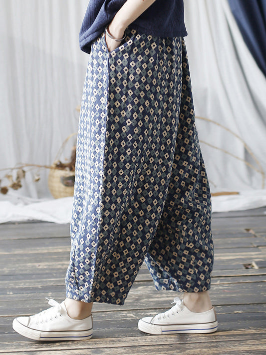 Women Autumn Artsy Lattice Cotton Harem Pants