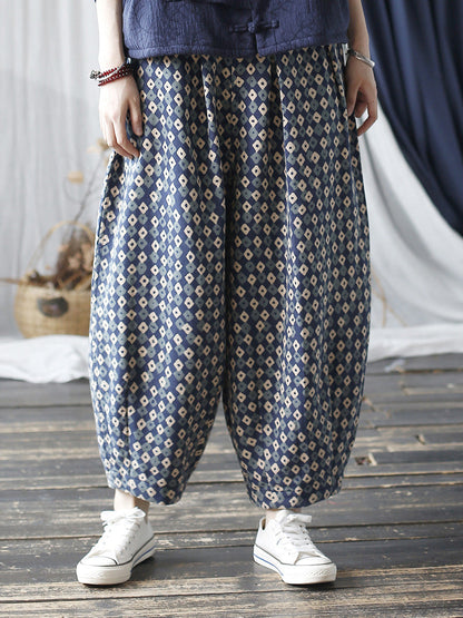 Women Autumn Artsy Lattice Cotton Harem Pants