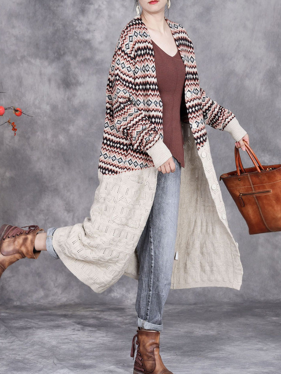 Women Autumn Stripe Colorblock Knitted Cardigan Coat