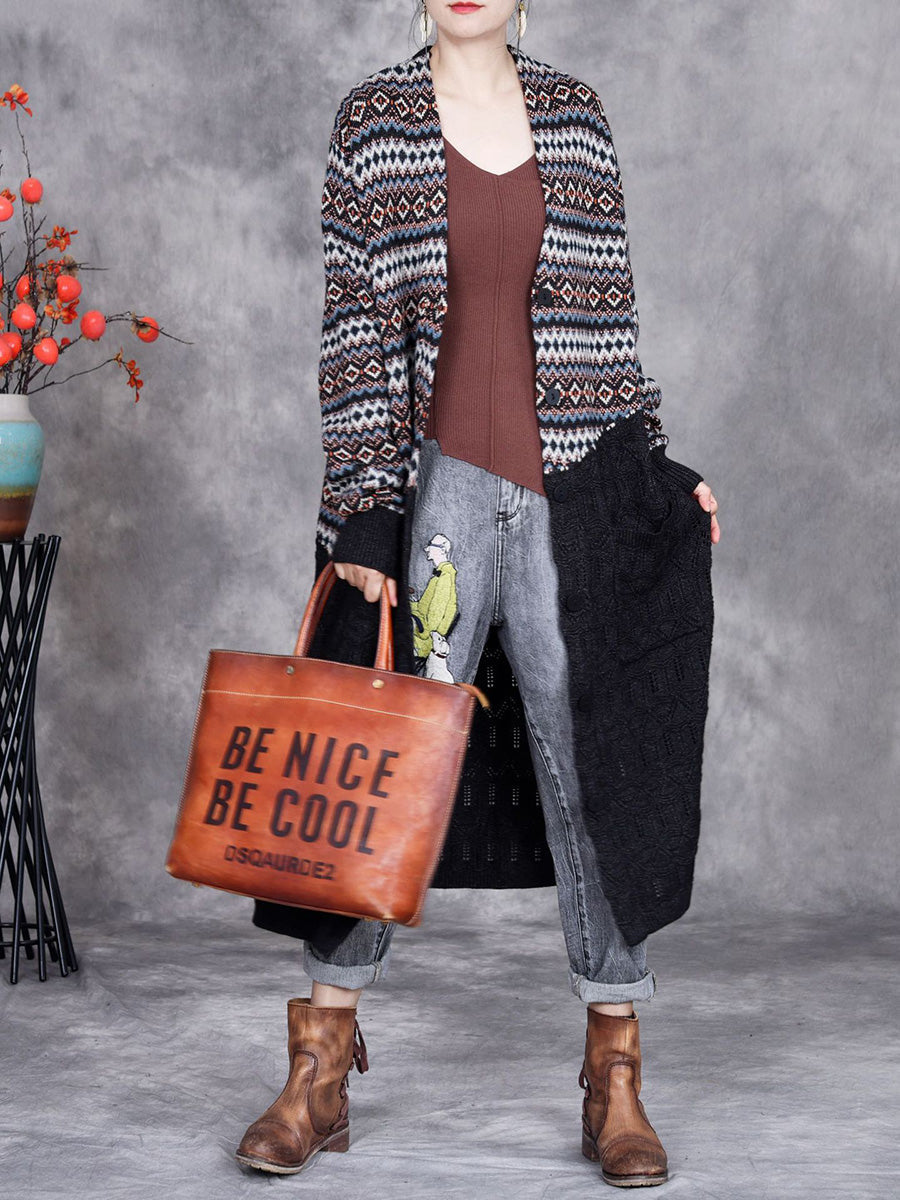 Women Autumn Stripe Colorblock Knitted Cardigan Coat